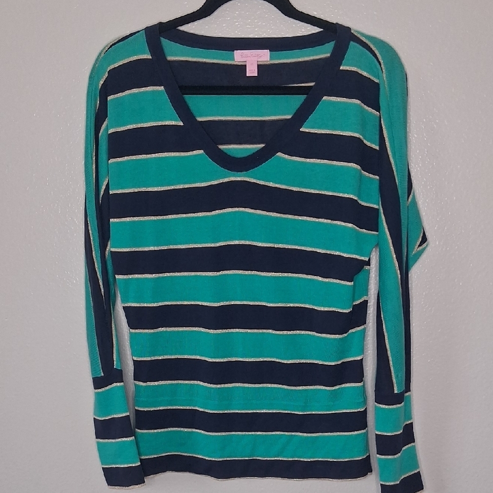 Lilly Pulitzer Sweatshirt Navy Striped Scoop Neck Wide Cuff Hem Long Sleeve XS